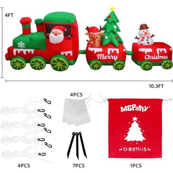 10.7 FT Christmas Inflatables Train with Santa Claus Reindeer Snowman Christmas